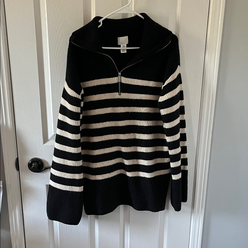 Divided Black and White Striped Cowl Neck Sweater